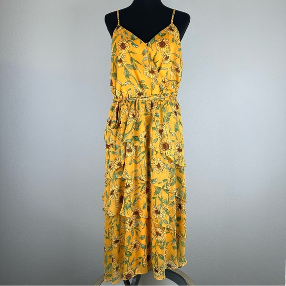 LC Lauren Conrad Strappy Tiered Yellow Sunflower Midi Dress Womens XL Floral - Picture 2 of 16
